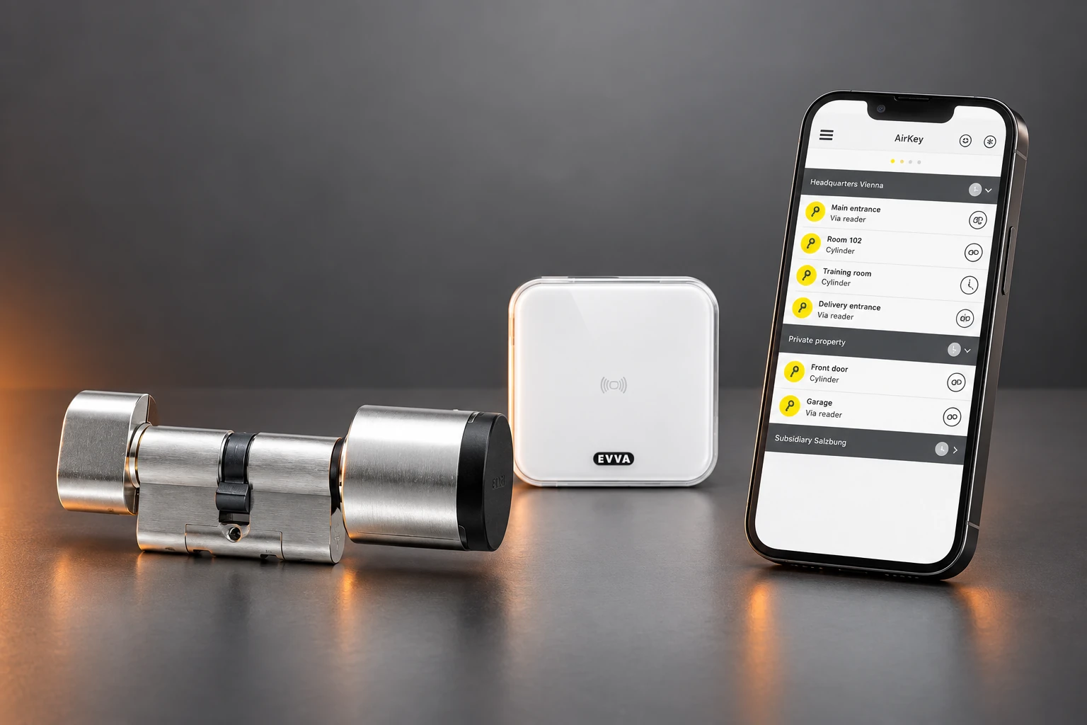 EVVA AirKey electronic cylinder, wall-mounted reader and app